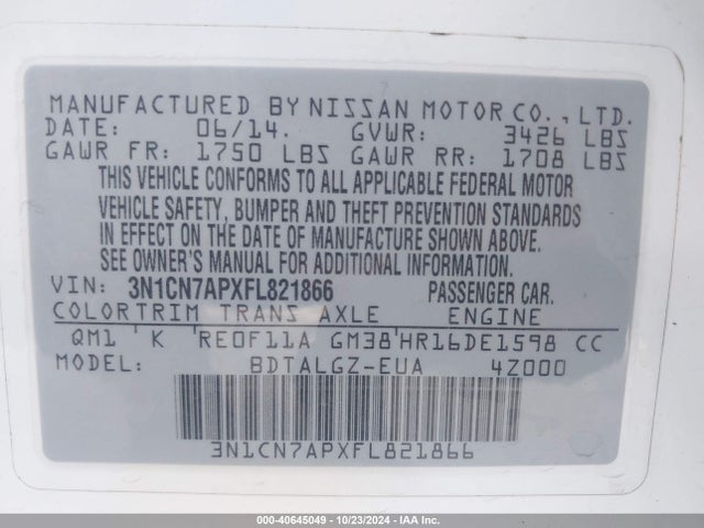 Nissan Versa 1.6 Sl 2015 3N1CN7APXFL821866 Image 9