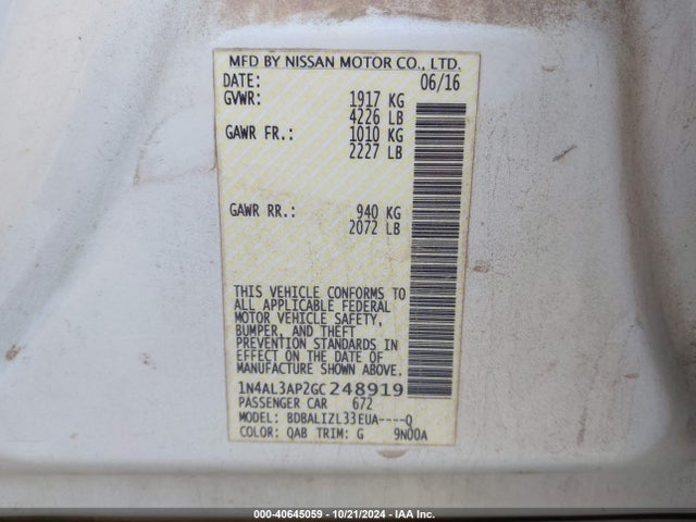 Nissan Altima 2.5 Sv 2016 1N4AL3AP2GC248919 Image 9