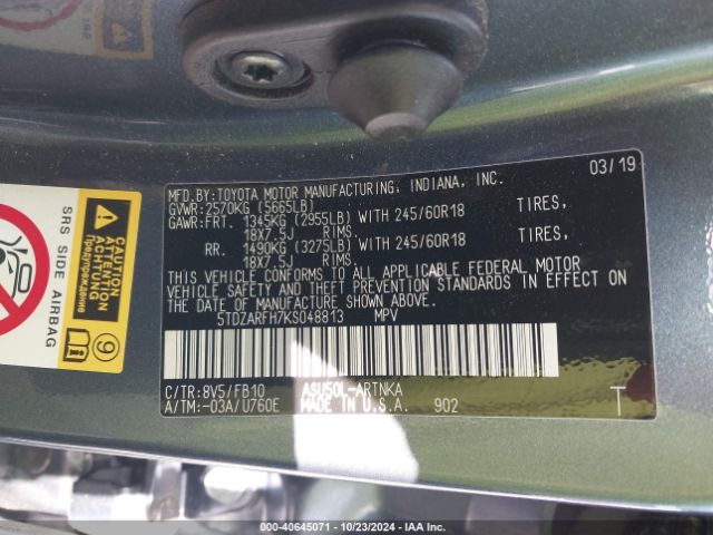 5TDZARFH7KS048813 Toyota Highlander Le