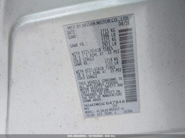 5N1AR2MN5GC647848 Nissan Pathfinder Platinum/s/sl/sv