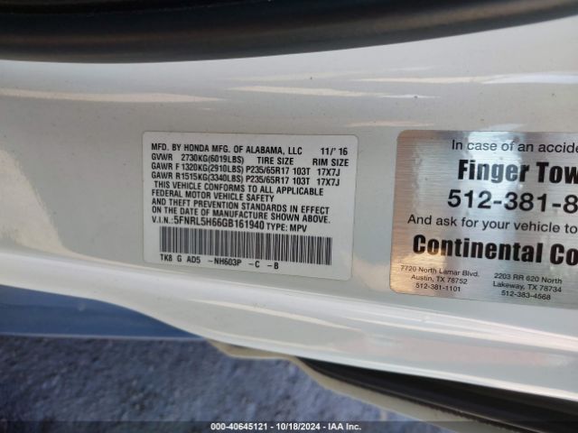 5FNRL5H66GB161940 Honda Odyssey Ex-l
