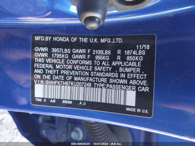 SHHFK7H67KU207249 Honda CIVIC EX