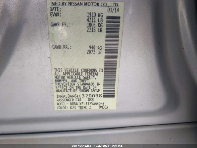 1N4AL3AP6EC320038 Nissan Altima 2.5 Sl