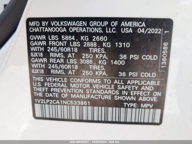 1V2LP2CA1NC533861 Volkswagen Atlas 2.0t Se