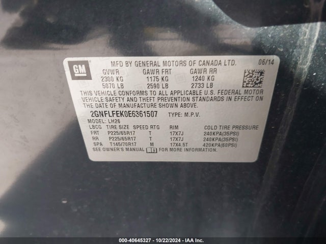 Chevrolet EQUINOX 1LT 2014 2GNFLFEK0E6361507 Image 9