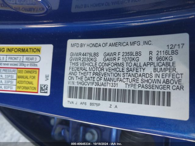 1HGCV1F39JA071331 Honda Accord Sport