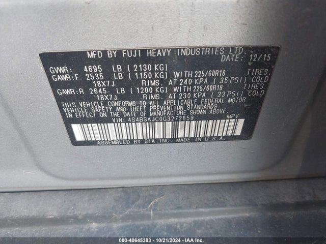 Subaru Outback 2.5i Limited 2016 4S4BSAJC0G3272859 Image 9