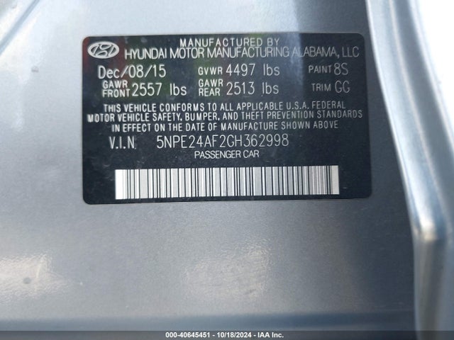 Hyundai SONATA SE 2016 5NPE24AF2GH362998 Image 9