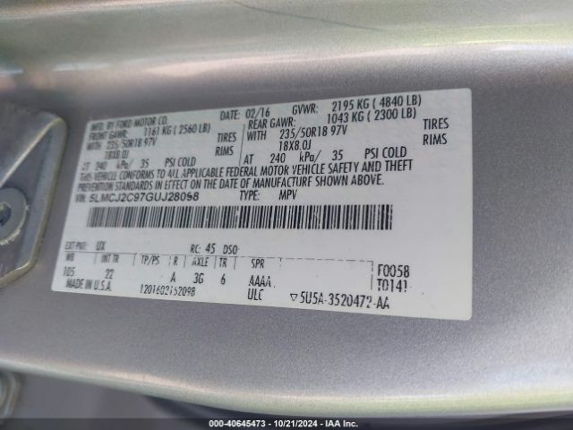 5LMCJ2C97GUJ28098 Lincoln MKC SELECT