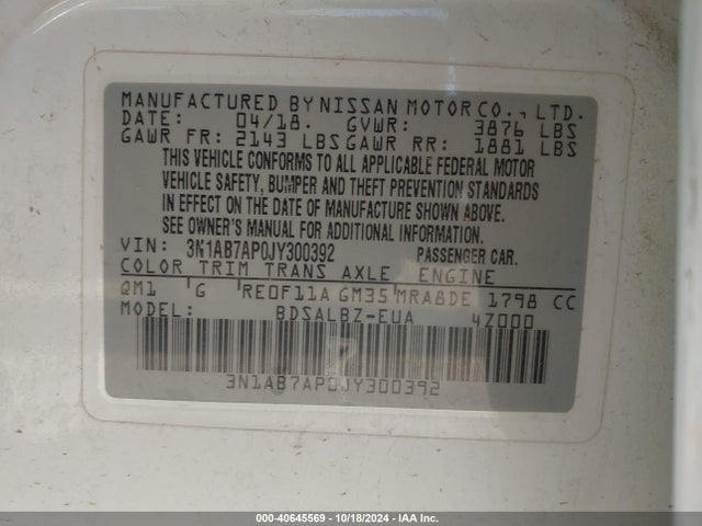 Nissan SENTRA S 2018 3N1AB7AP0JY300392 Image 9