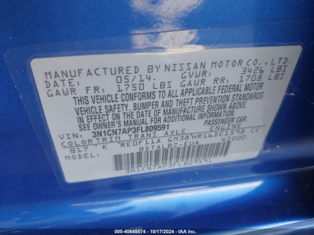 3N1CN7AP3FL809591 Nissan Versa 1.6 S/1.6 S+/1.6 Sl/1.6 Sv