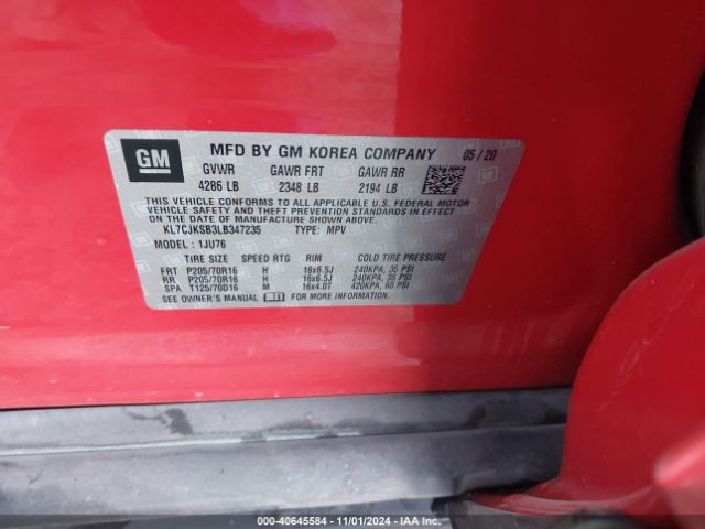 KL7CJKSB3LB347235 Chevrolet Trax Fwd Ls