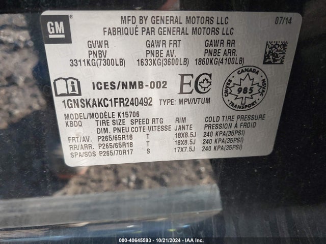 40645593 :رقم المزاد ، 1GNSKAKC1FR240492 vin ، 2015 Chevrolet Tahoe Ls مزاد بيع