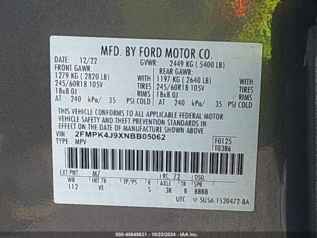 2FMPK4J9XNBB05062 Ford EDGE SEL