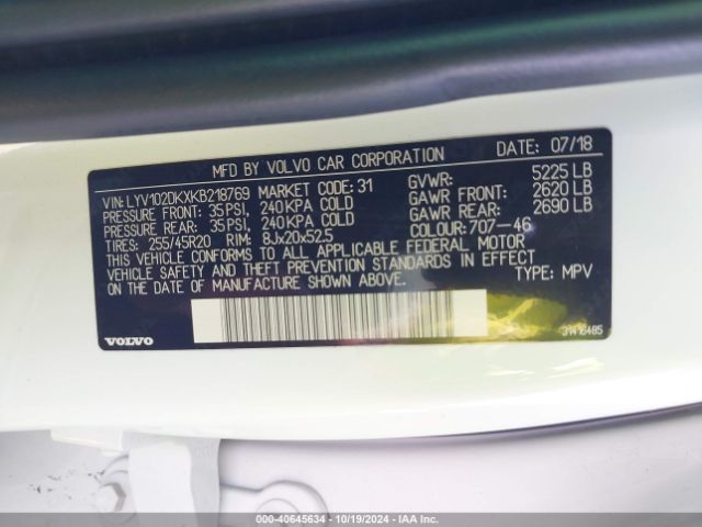 LYV102DKXKB218769 Volvo Xc60 T5 Momentum