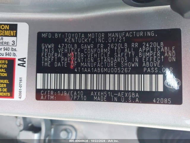 4T1AA1AB6MU005267 Toyota Avalon Xle Hybrid