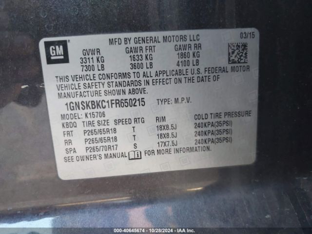 1GNSKBKC1FR650215 Chevrolet Tahoe Lt