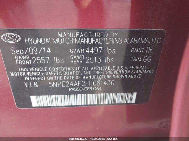 Hyundai SONATA SE 2015 5NPE24AF2FH081430 Image 9