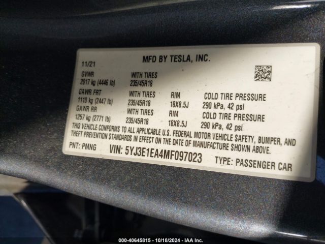 5YJ3E1EA4MF097023 Tesla Model 3 Standard Range Plus Rear-wheel Drive