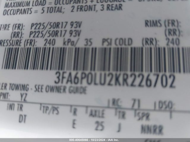 3FA6P0LU2KR226702 Ford Fusion Hybrid Se