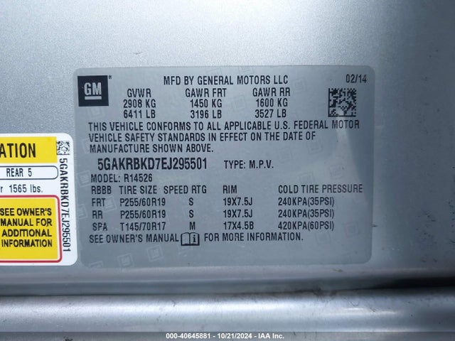 Buick Enclave Leather 2014 5GAKRBKD7EJ295501 Image 9