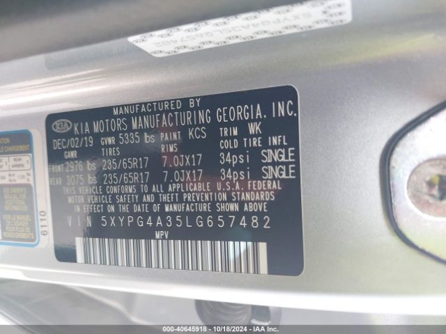 5XYPG4A35LG657482 KIA Sorento 2.4l L