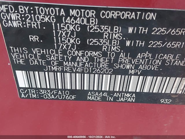 Toyota Rav4 Xle 2015 JTMRFREV4FD126202 Image 9