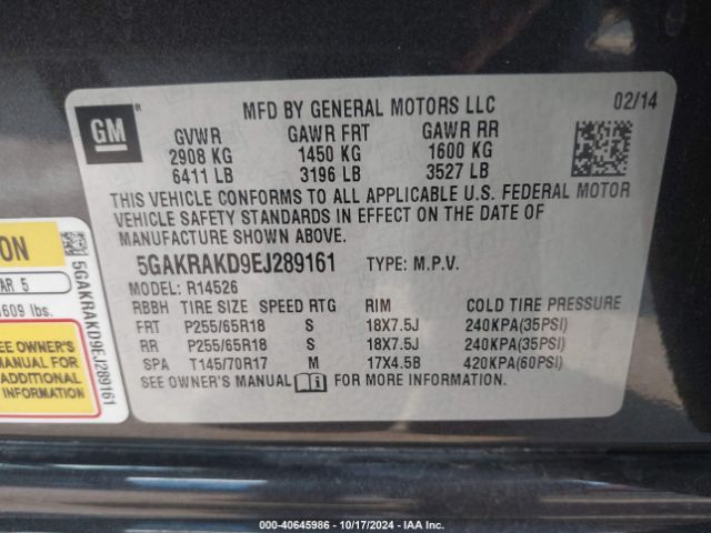 5GAKRAKD9EJ289161 Buick Enclave Convenience