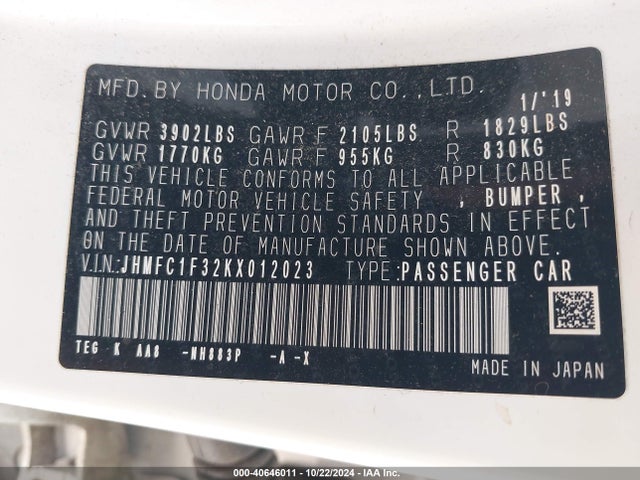 Honda CIVIC EX 2019 JHMFC1F32KX012023 Image 9