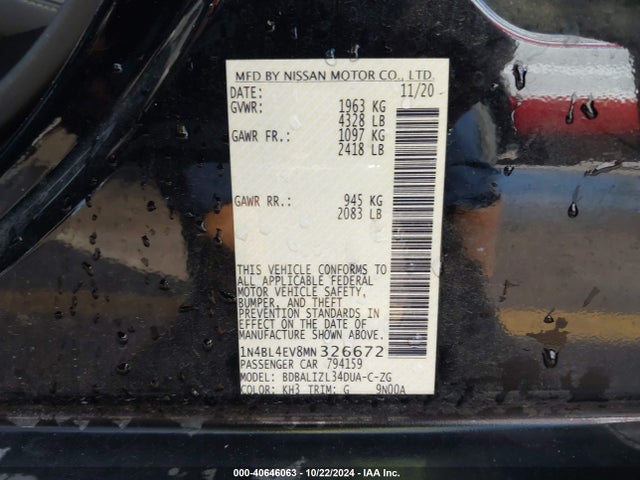 1N4BL4EV8MN326672 Nissan Altima Sl Fwd