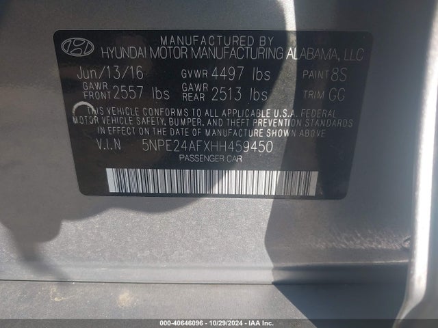 5NPE24AFXHH459450 Hyundai SONATA SE