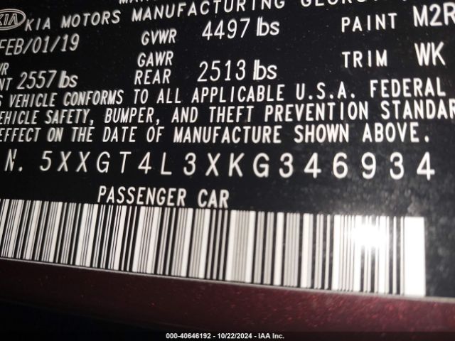 5XXGT4L3XKG346934 KIA Optima Lx