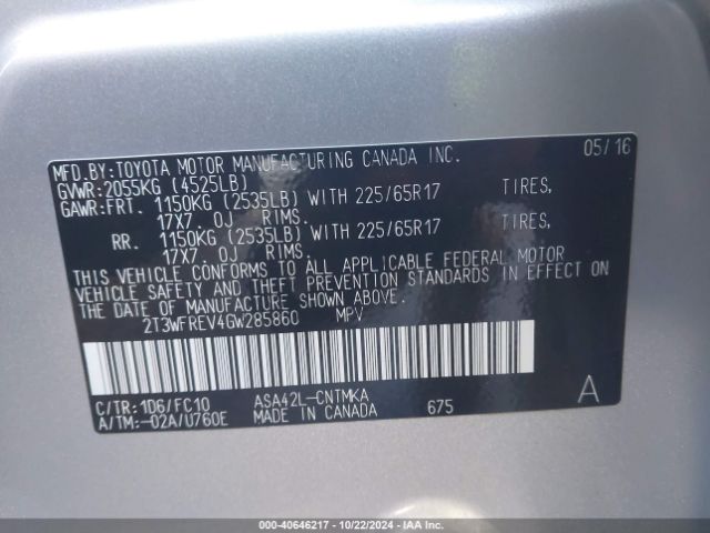 2T3WFREV4GW285860 Toyota Rav4 Xle