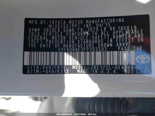 Toyota COROLLA LE 2015 5YFBURHE3FP303502 Image 9