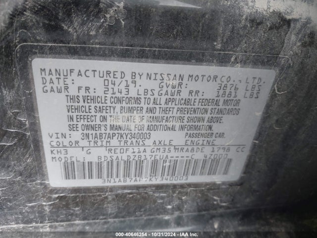 Nissan SENTRA SV 2019 3N1AB7AP7KY340003 Image 9