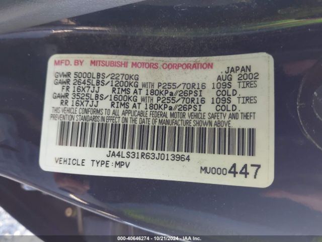 2003 MITSUBISHI MONTERO SPORT JA4LS31R63J013964 Photo 8