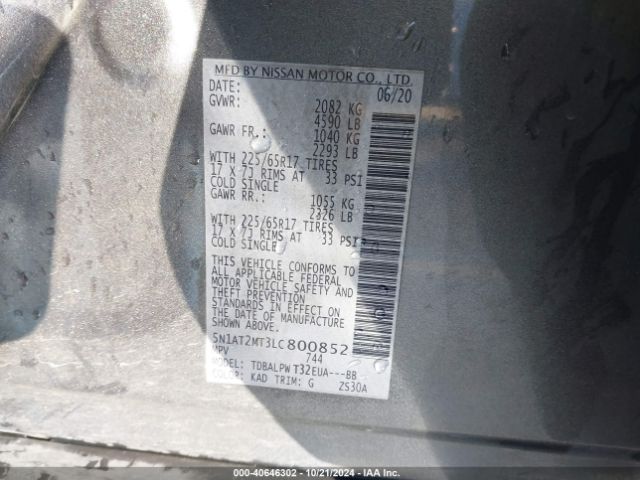 5N1AT2MT3LC800852 Nissan Rogue S Fwd
