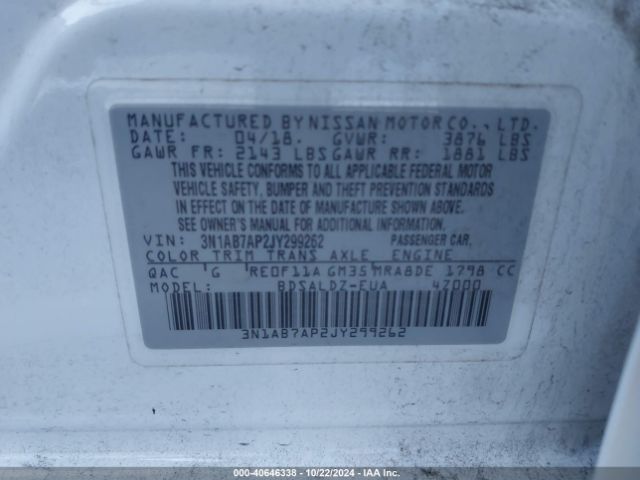 3N1AB7AP2JY299262 Nissan SENTRA SV