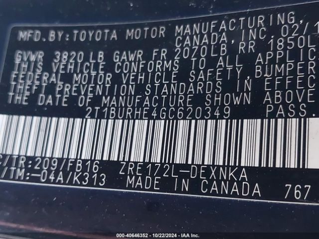 2T1BURHE4GC620349 Toyota COROLLA LE