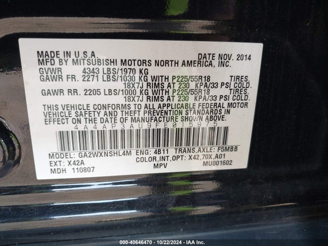 4A4AP3AU9FE015975 Mitsubishi Outlander Sport Es
