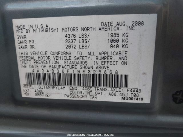 2009 MITSUBISHI GALANT 4A3AB36F19E025868 Photo 8