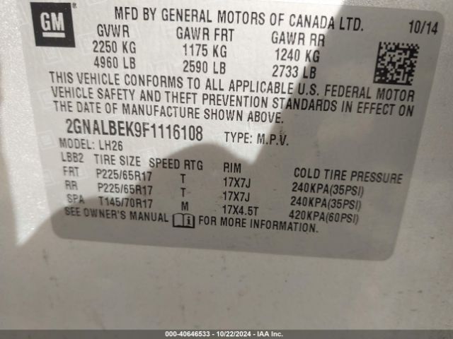 2GNALBEK9F1116108 Chevrolet EQUINOX 1LT