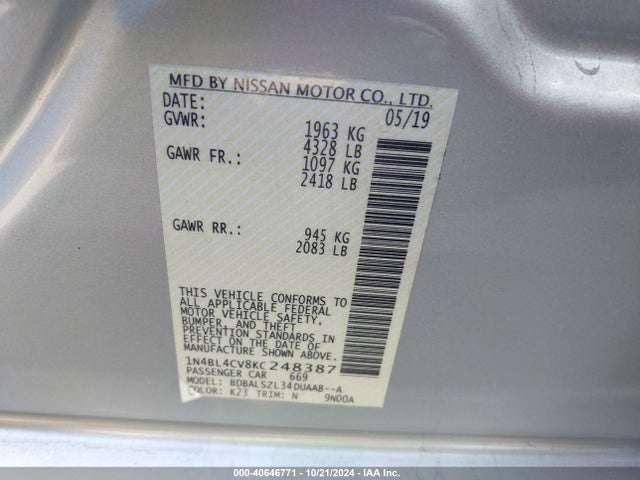 Nissan Altima 2.5 Sr 2019 1N4BL4CV8KC248387 Image 9