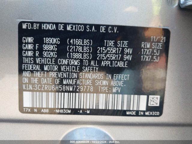 3CZRU6H58NM729778 Honda Hr-v Awd Ex