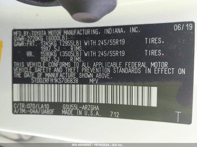 Toyota Highlander Limited Platinum 2019 5TDDZRFH1KS706838 Image 9