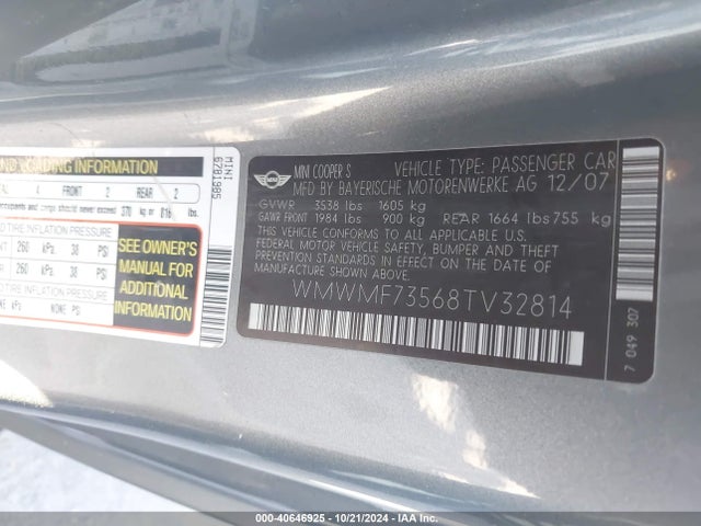 2008 MINI COOPER S WMWMF73568TV32814 Photo 8