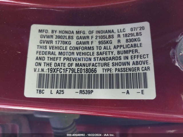 Honda Civic Ex-l 2020 19XFC1F79LE018066 Image 9