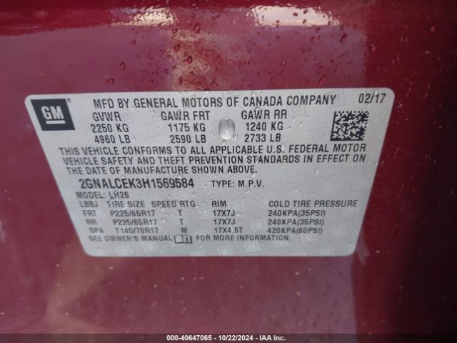 2GNALCEK3H1569584 Chevrolet EQUINOX LT