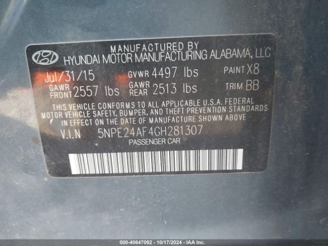 5NPE24AF4GH281307 Hyundai SONATA SE