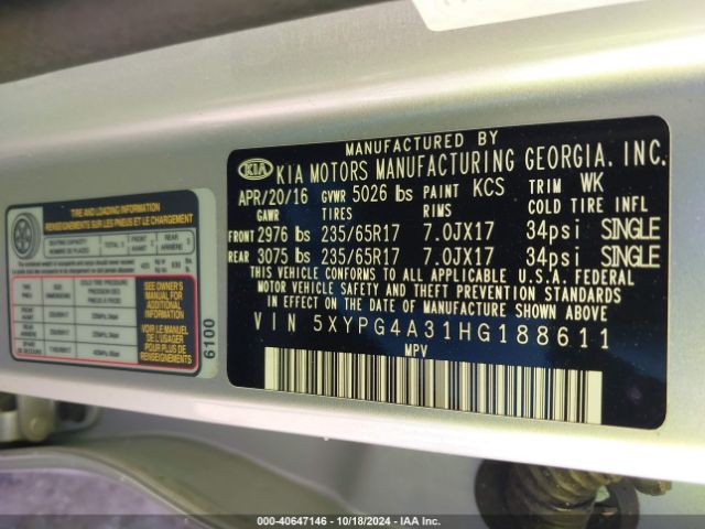 5XYPG4A31HG188611 KIA Sorento 2.4l L
